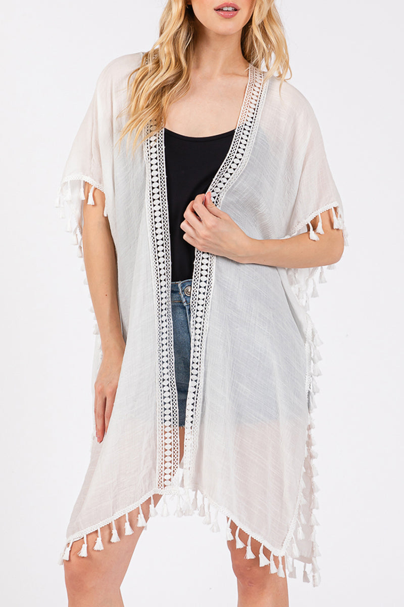 Palma Cafe White Crochet & Tassel Kimono
