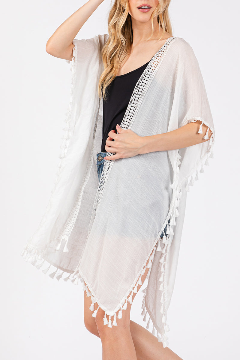 Palma Cafe White Crochet & Tassel Kimono