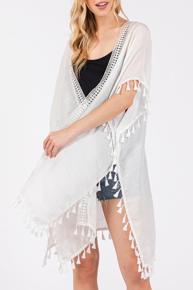 Palma Cafe White Crochet & Tassel Kimono