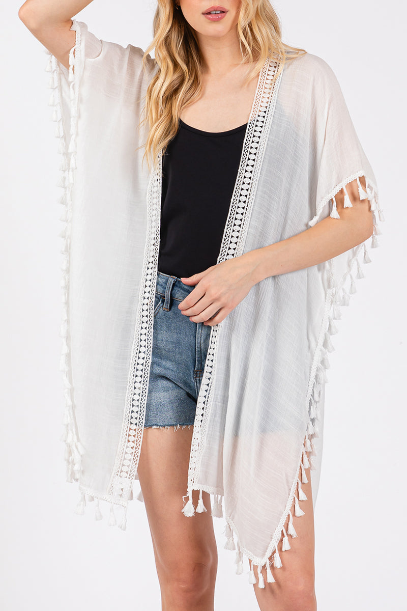 Palma Cafe White Crochet & Tassel Kimono