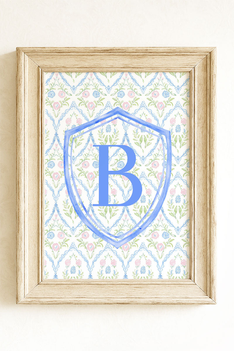 Grandmillennial Monogram Crest Ready To Frame Canvas Print *Choose Your Initial