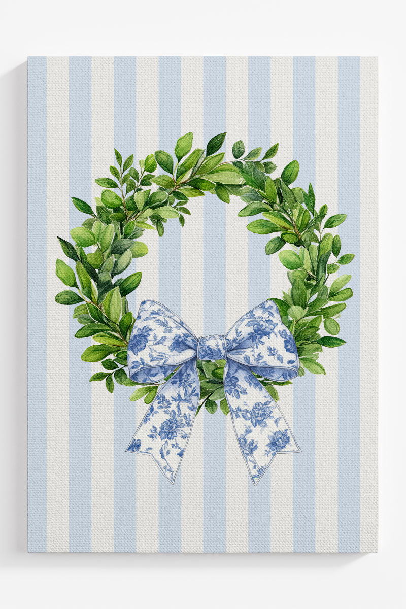 Striped Blue Willow Wreath Ready To Frame Canvas Print