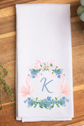 Personalized Preppy Blue Floral Crest Waffle Kitchen Towel *Choose Your Initial
