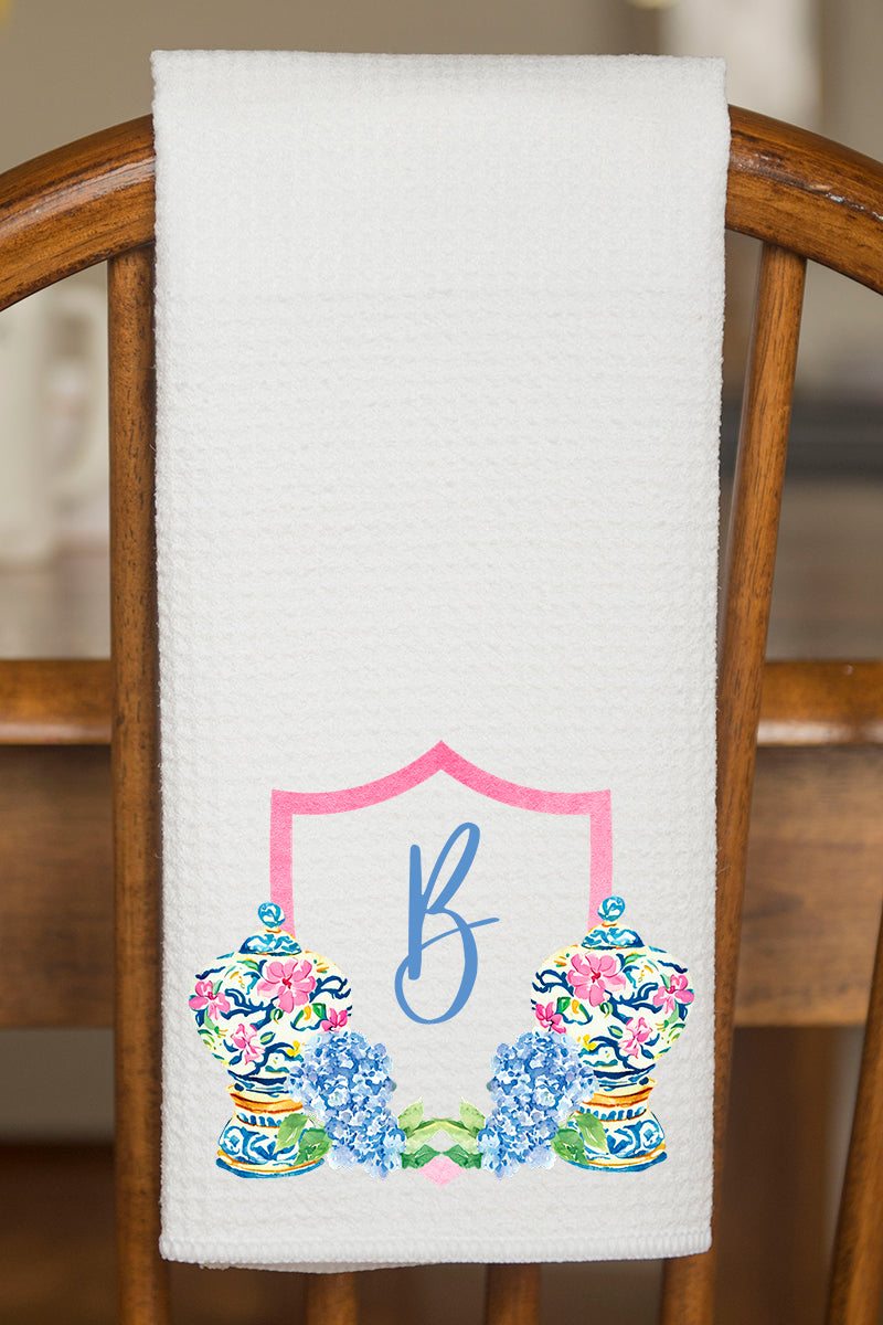 Personalized Preppy Petals Ginger Jars Waffle Kitchen Towel *Choose Your Initial