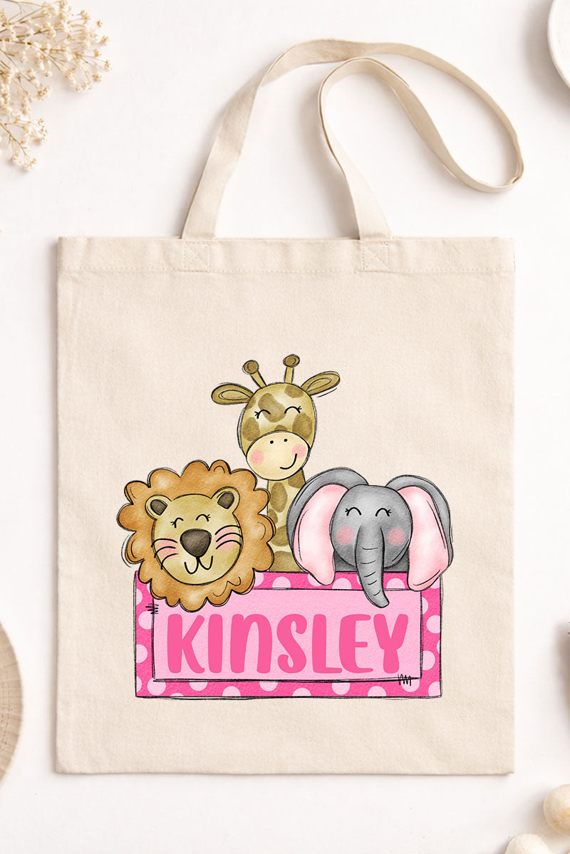 Personalized Pink Zoo Trio Small Canvas Tote *Personalize Your Name