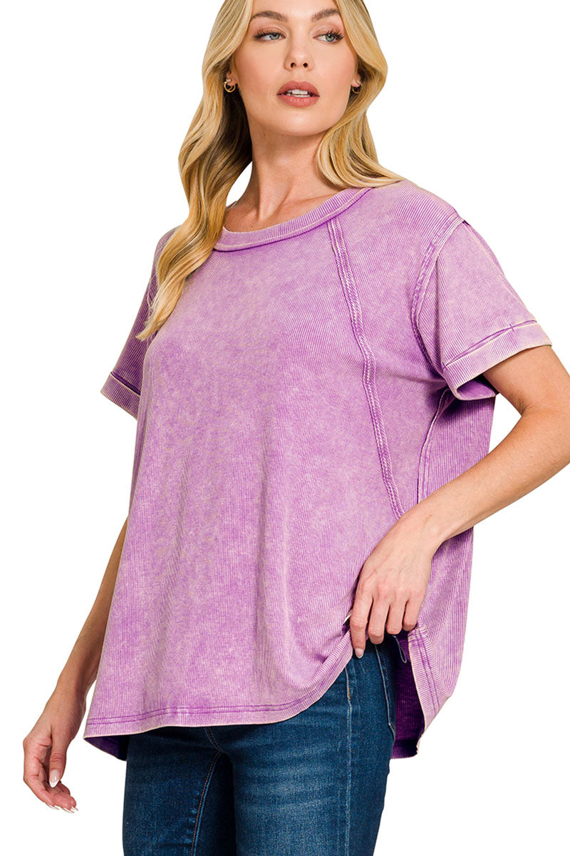 Daytrip Dreams Bright Violet Washed Ribbed Cuffed Sleeve Top