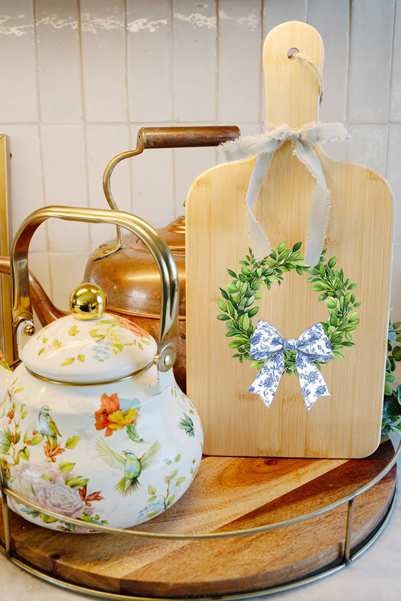 Blue Willow Wreath Decorative Wood Cutting Board