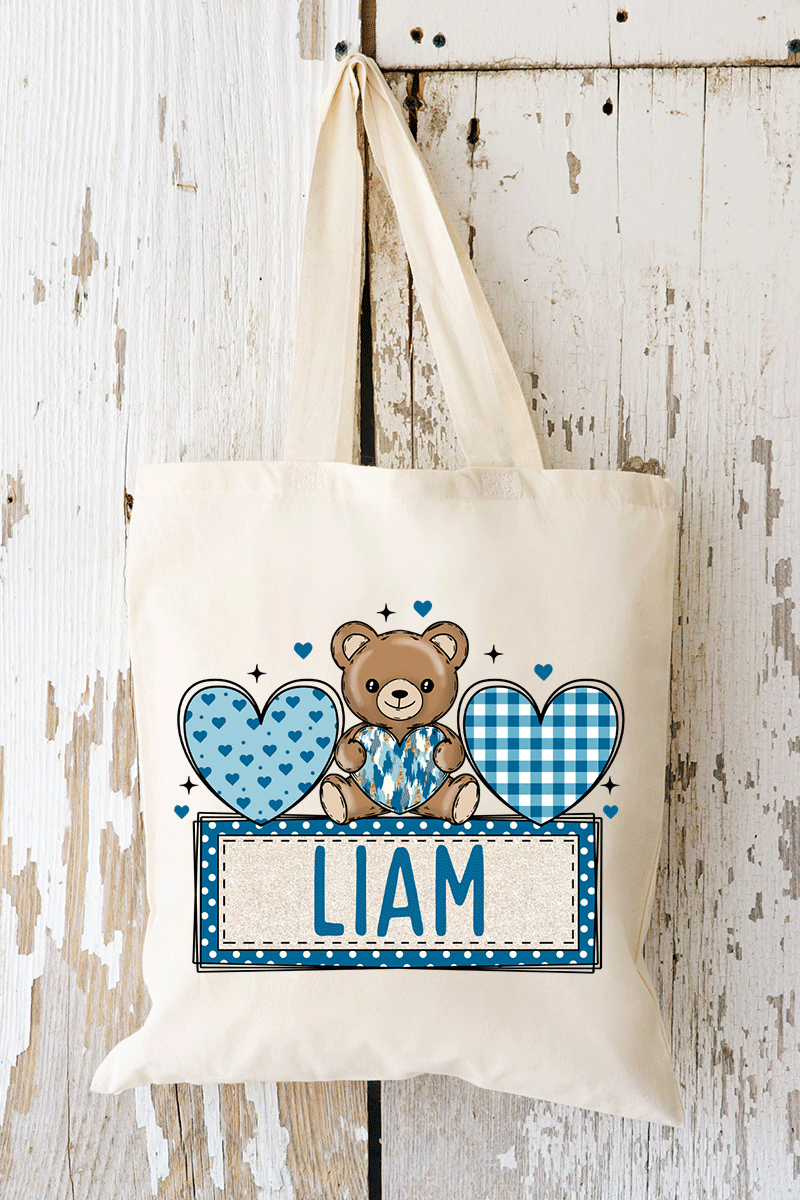 Personalized Blue Bear With Love Small  Canvas Tote *Personalize Your Name