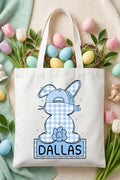 Personalized Blue Gingham Bunny Small Canvas Tote *Personalize Your Name