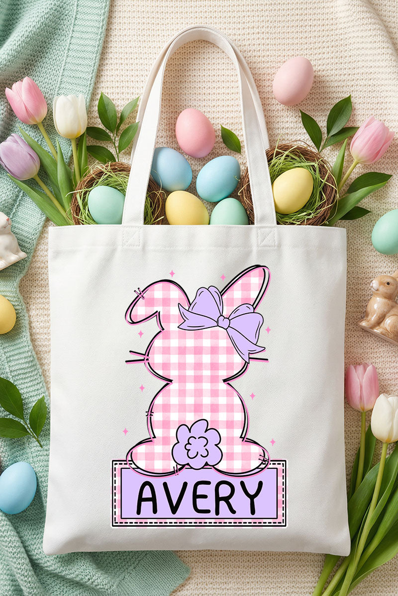 Personalized Pink Gingham Bunny Small Canvas Tote *Personalize Your NameSmall